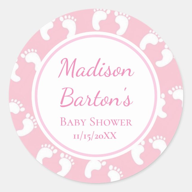 Cute Pink Baby Footprints Custom Girl Baby Shower Classic Round Sticker (Front)