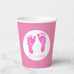 Cute Pink Baby Footprints Its a Girl Baby Shower Paper Cups