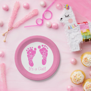 Cute Pink Baby Footprints Its a Girl Baby Shower Paper Plate