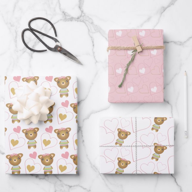 Cute Pink Baby Girl Bear Wrapping Paper Sheet (Front)