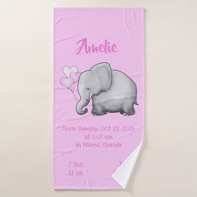 Cute Pink Baby Girl Birth Stats Elephant Nursery Bath Towel (Bath Towel)