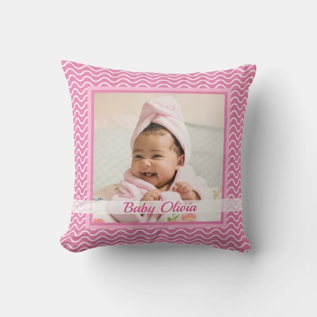 Cute Pink Baby Girl Birth Stats Photo Keepsake Cushion (Front)