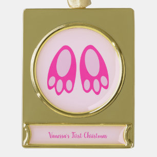Cute Pink Baby Girl Bunny Feet Easter Custom Gold Plated Banner Ornament