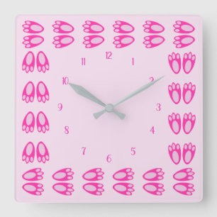Cute Pink Baby Girl Bunny Feet Easter Nursery Square Wall Clock