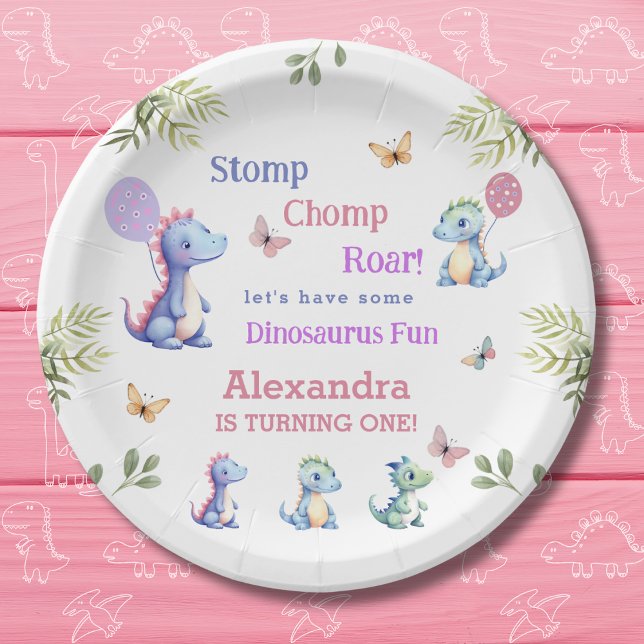 Cute Pink Baby Girl Dinosaur 1st Birthday Paper Plate (Creator Uploaded)