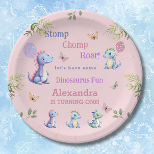 Cute Pink Baby Girl Dinosaur 1st Birthday Paper Plate