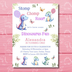 Cute Pink Baby Girl Dinosaur 1st Birthday Party Invitation