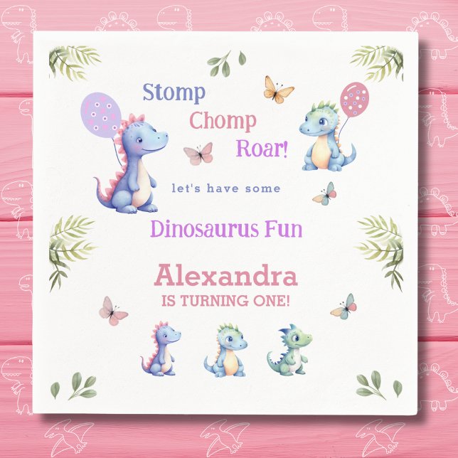 Cute Pink Baby Girl Dinosaur 1st Birthday Party Napkin (Creator Uploaded)
