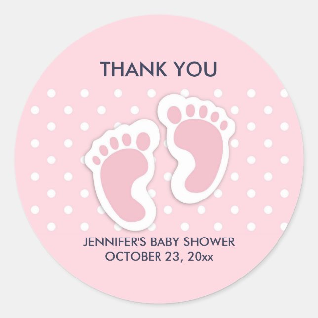 Cute Pink baby Girl Footprints Baby Shower Classic Round Sticker (Front)