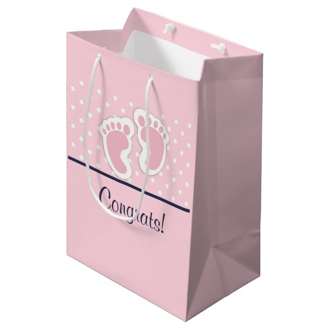 Cute Pink Baby Girl Footprints Congrats Medium Gift Bag (Front Angled)