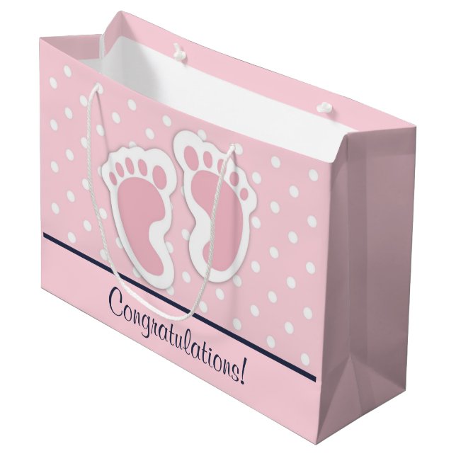 Cute Pink Baby Girl Footprints Congratulations Large Gift Bag (Front Angled)