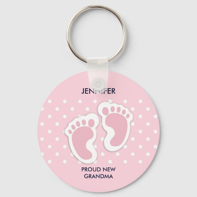 Cute Pink Baby Girl Footprints Proud Grandma Key Ring (Front)