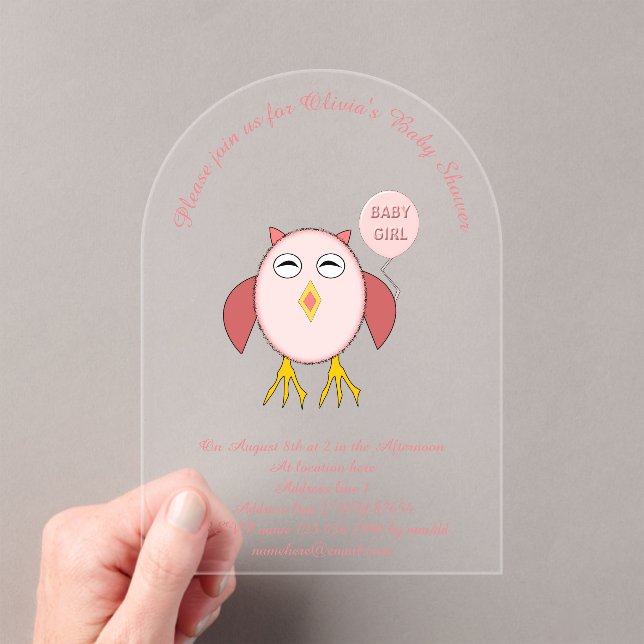 Cute Pink Baby Girl Owl Custom Baby Shower Acrylic Invitations (Insitu (Handheld))