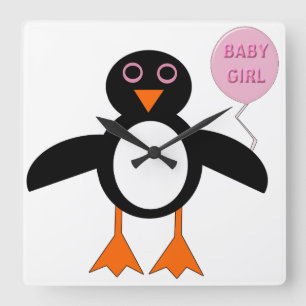 Cute Pink Baby Girl Pemguin Wall Clock
