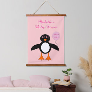 Cute Pink Baby Girl Penguin Baby Shower Custom Hanging Tapestry