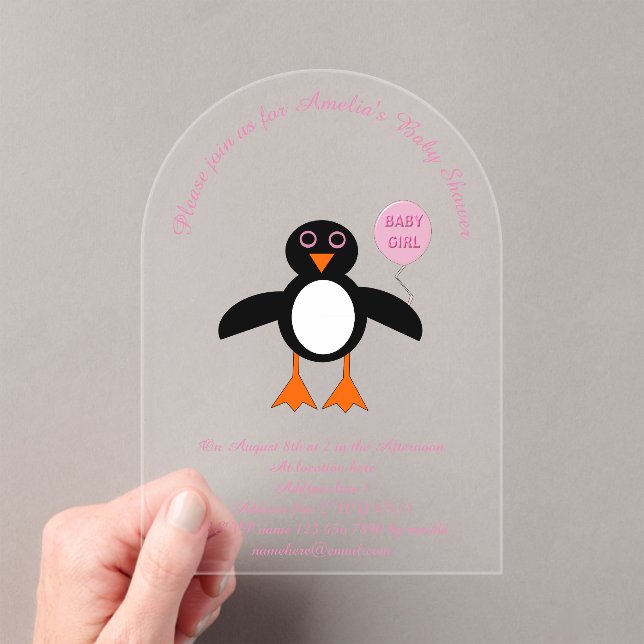 Cute Pink Baby Girl Penguin Custom Baby Shower Acrylic Invitations (Insitu (Handheld))
