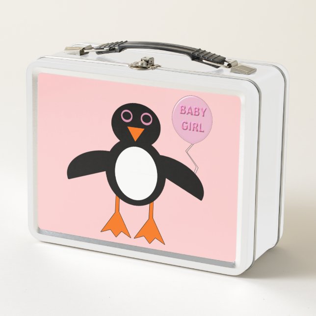 Cute Pink Baby Girl Penguin Metal Lunch Box (Front)
