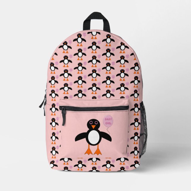 Cute Pink Baby Girl Penguin Printed Backpack (Front)