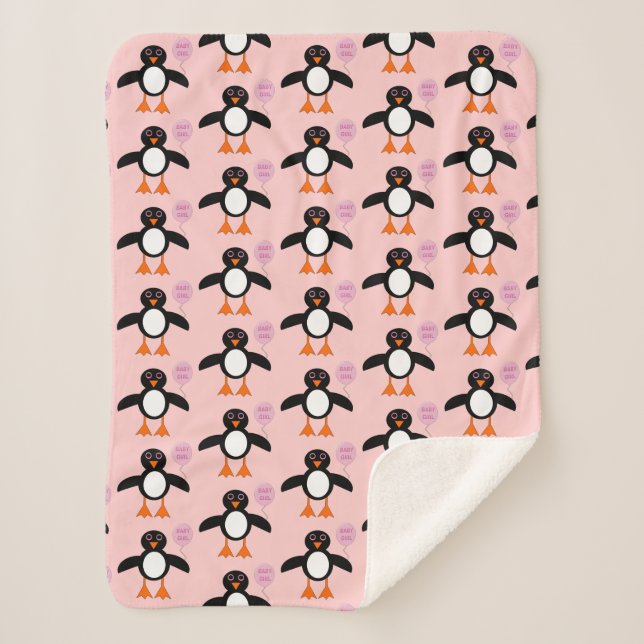 Cute Pink Baby Girl Penguin Sherpa Blanket (Front)