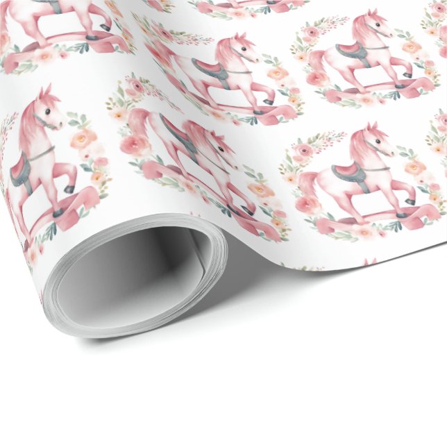 Cute Pink Baby Girl Rocking Horse Gift Wrapping Paper (Roll Corner)
