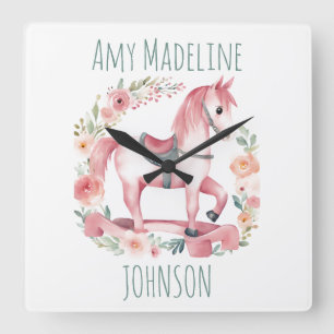 Cute Pink Baby Girl Rocking Horse Nursery Clock