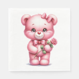 CUTE PINK BABY GIRL TEDDY BEAR WITH ROSE NAPKIN