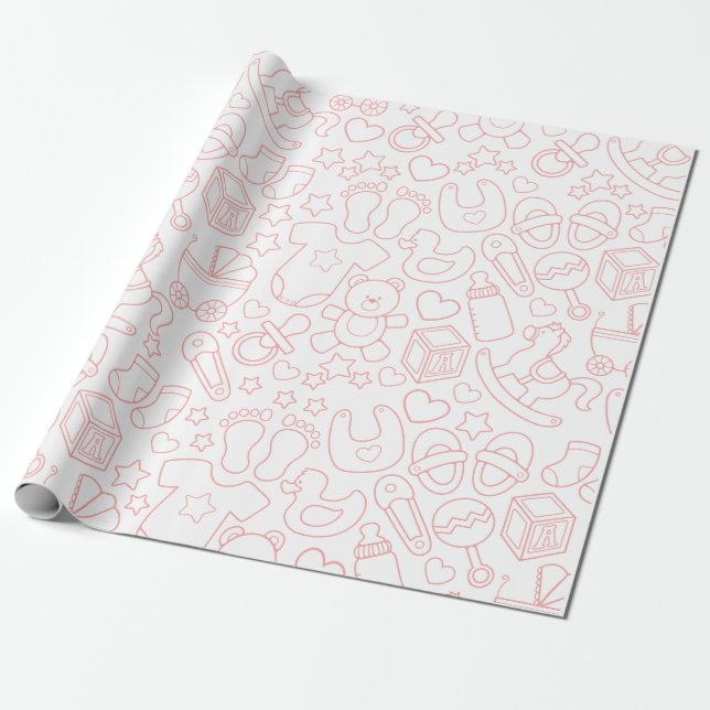 Cute Pink Baby Item Pattern Wrapping Paper (Unrolled)