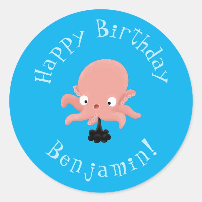 Cute pink baby octopus cartoon humour classic round sticker (Front)