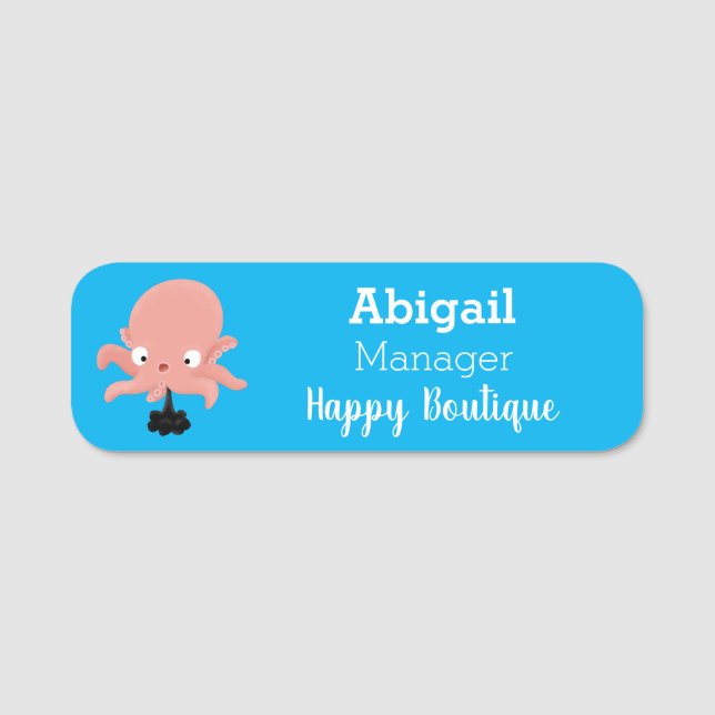 Cute pink baby octopus cartoon humour name tag (Front)