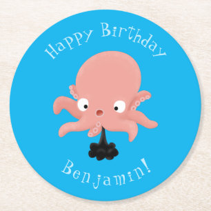Cute pink baby octopus cartoon humour round paper coaster