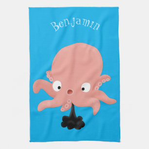 Cute pink baby octopus cartoon humour tea towel