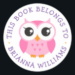 Cute pink baby owl bookplate sticker<br><div class="desc">Cute book labels or bookplate stickers featuring a pink cartoon owl. Customisable purple text: "This book belongs to" and your custom name. Great for labelling school books and your personal or family library</div>
