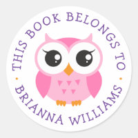 Cute pink baby owl bookplate sticker