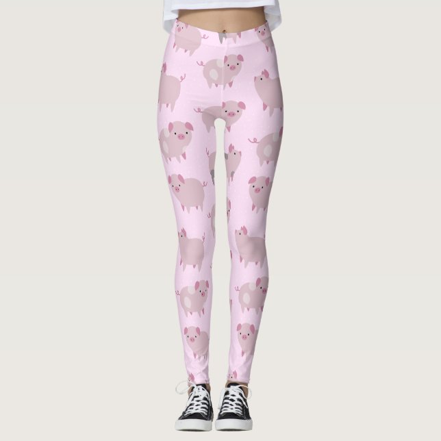Cute Pink Baby Piglets Pattern & Dots Leggings (Front)