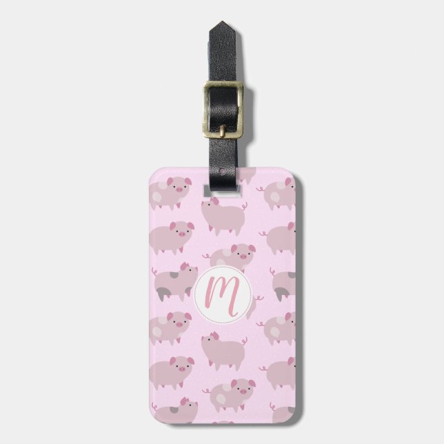 Cute Pink Baby Piglets Pattern & Dots Luggage Tag (Front Vertical)