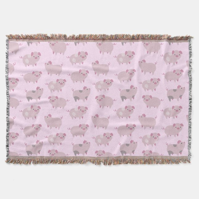 Cute Pink Baby Piglets Pattern & Dots Throw Blanket (Front)