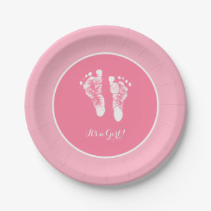 Cute Pink Baby Shower Newborn Girl Footprint Paper Plate