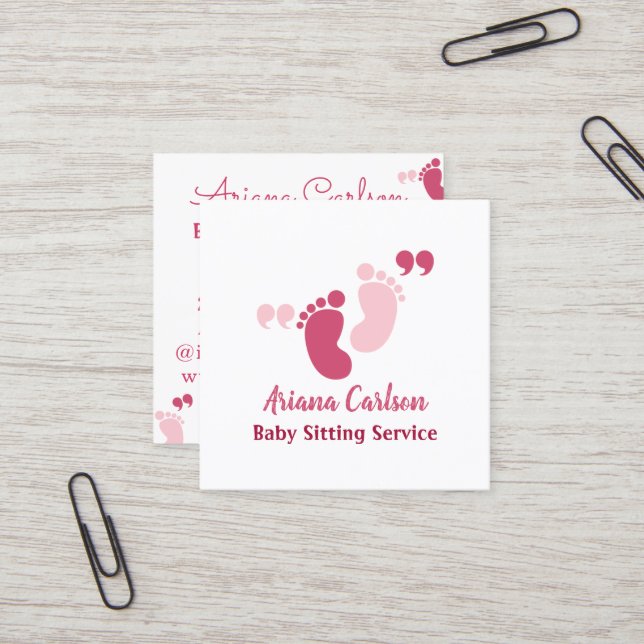 Cute Pink Baby Sitter Daycare Nursery Square Business Card (Front/Back In Situ)