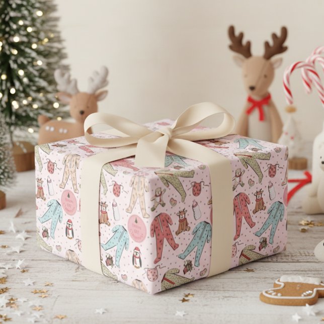 Cute Pink Baby's First Christmas Personalised Wrapping Paper (Cute 1st Christmas Kids Wrapping Paper. Baby Pj's & Winter Animals First Xmas Illustration for Girl)