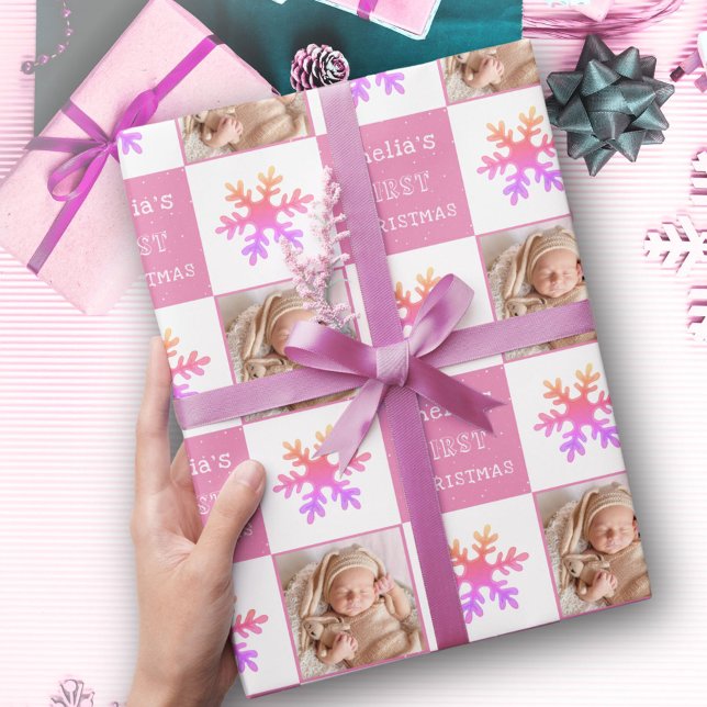 Cute Pink Baby's first Christmas Snowflake Photo  Wrapping Paper (Creator Uploaded)