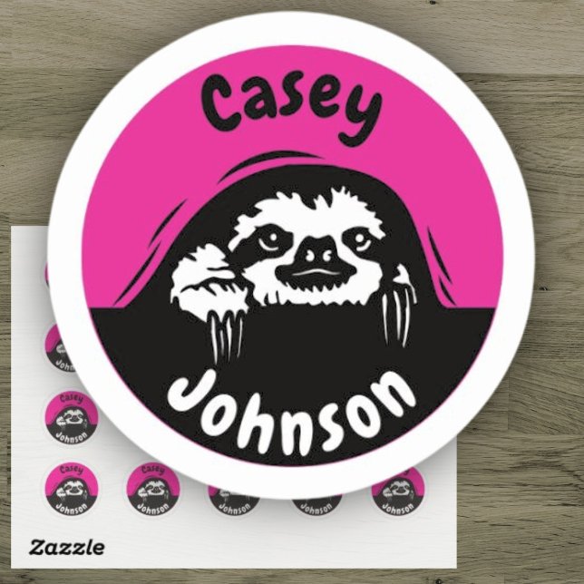 Cute Pink Back to School Peeking Sloth Name Classic Round Sticker (Creator Uploaded)