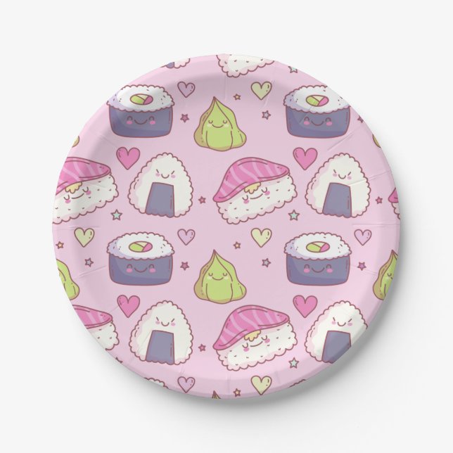 Cute Pink Background Sushi Kawaii Party Paper Plate (Front)