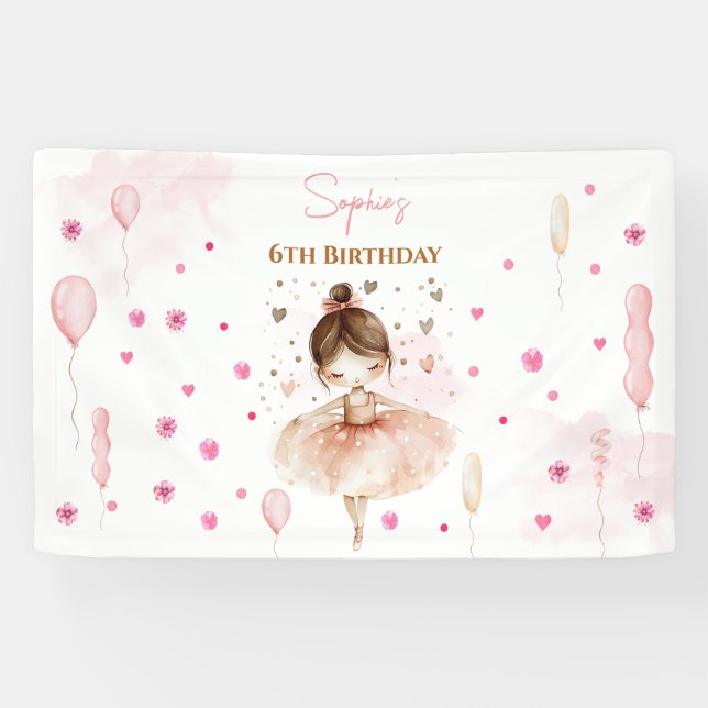 Cute pink ballerina and balloons birthday banner (Horizontal)