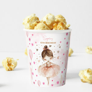 Cute pink ballerina and balloons birthday paper cups