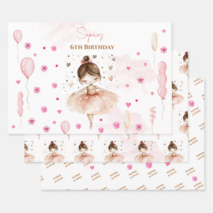 Cute pink ballerina and balloons birthday wrapping paper sheet