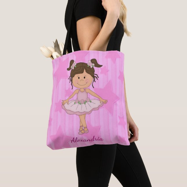 Cute Pink Ballerina Stars and Stripes Tote Bag (Close Up)