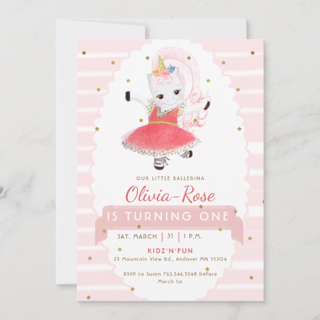 Cute Pink Ballerina Unicorn Glitter Girl Birthday Invitation (Front)