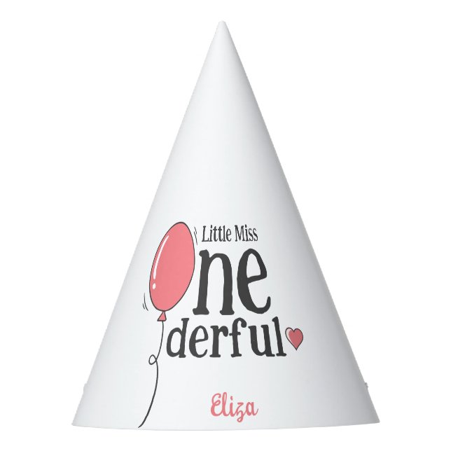 Cute Pink Ballon Little Miss Onederful Birthday Party Hat (Front)