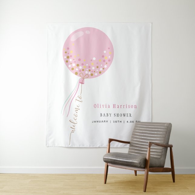 Cute Pink Balloon Girl Baby Shower Welcome Sign  Tapestry (In Situ)