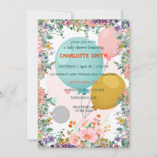 Cute pink balloon gradient flower baby shower invitation